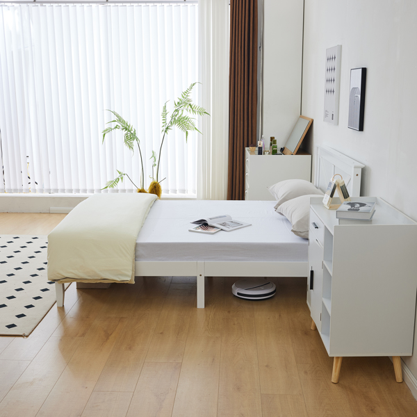 Full Size Solid Wood Platform Bed Frame with Headboard White