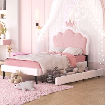 Twin Size Upholstered Princess Bed With Crown Headboard and 2 Drawers,Twin Size Platform Bed with Headboard and Footboard, Pink+White 