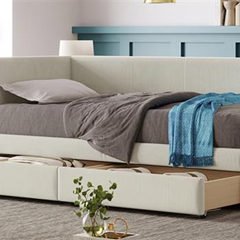 Twin Size Corduroy Daybed with Two Drawers and Wood Slat, Beige