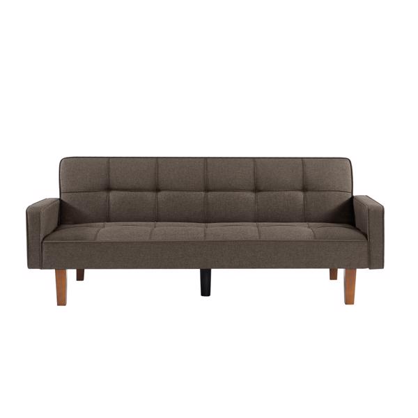 Brown Linen Sofa Bed, Convertible Sleeper Sofa with Arms, Solid Wood Feet and Plastic Centre Legs