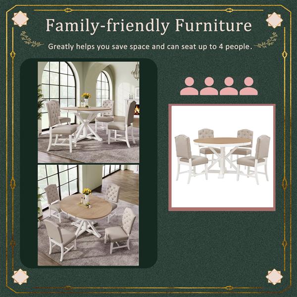 Functional Furniture Retro Style Dining Table Set with Extendable Table and 4 Upholstered Chairs for Dining Room and Living Room (Oak Natural Wood + Off White)