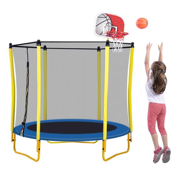 5.5FT Trampoline for Kids - 65" Outdoor & Indoor Mini Toddler Trampoline with Enclosure, Basketball Hoop and Ball Included