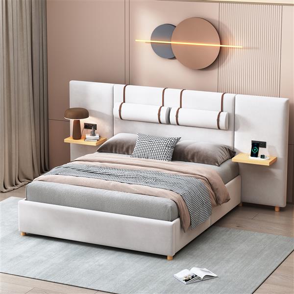 Queen Size Upholstered Platform Bed, Two Outlets and USB Charging Ports on Both Sides, Two Bedside Pillows, Storage Shelves, Beige