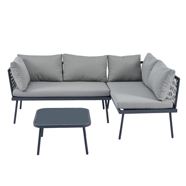 Modern Outdoor 3-Piece PE Rattan Sofa Set All Weather Patio Metal Sectional Furniture Set with Cushions and Glass Table for Backyard, Poolside, Garden, Gray,L-Shaped