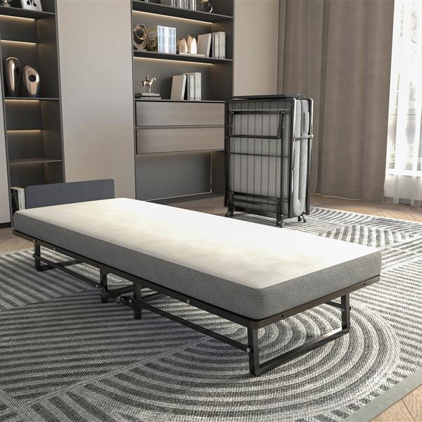 Metal Folding Bed Frame with Foam Mattress of Pockets, Easy Storage and Movable with 4 Castors