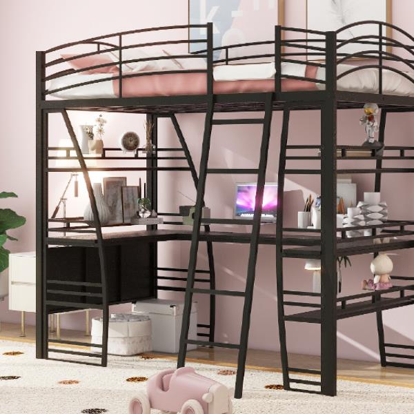 Twin Size Loft Bed with 4 Layers of Shelves and L-shaped Desk, Stylish Metal Frame Bed with a set of Sockets, USB Ports and Wireless Charging, Black