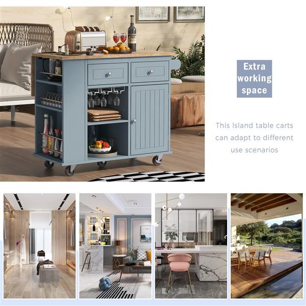 Kitchen Island with Power Outlet,Kitchen Storage Island with Drop Leaf and Rubber Wood,Open Storage and Wine Rack,5 Wheels,with Adjustable Storage for Home, Kitchen, and Dining Room, Grey Blue