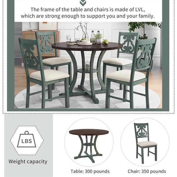 5-Piece Round Dining Table and 4 Fabric Chairs with Special-shaped Table Legs and Storage Shelf (Antique Blue/ Dark Brown)