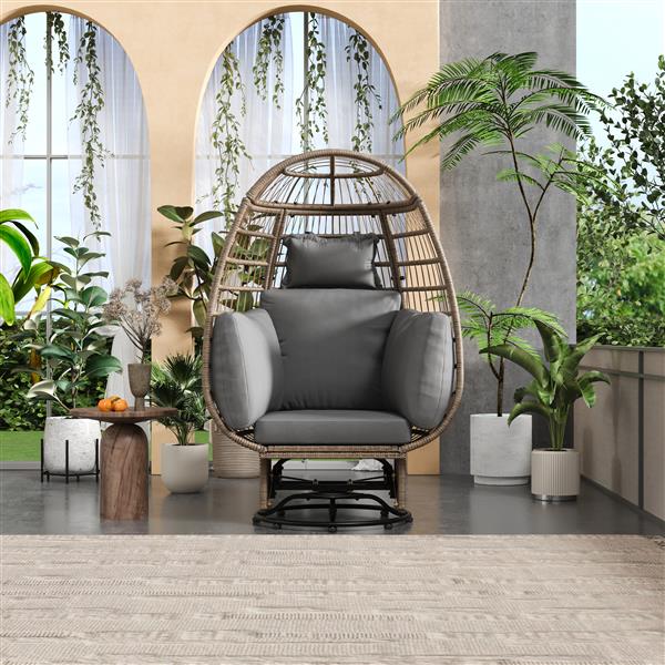 Outdoor Swivel Chair with Cushions, Rattan Egg Patio Chair with Rocking Function for Balcony, Poolside and Garden (Natural Wicker + Grey Cushion)