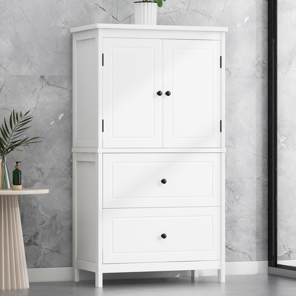 Bathroom Storage Cabinet, Cabinet with Two Doors and Drawers, Adjustable Shelf, MDF Board, White 