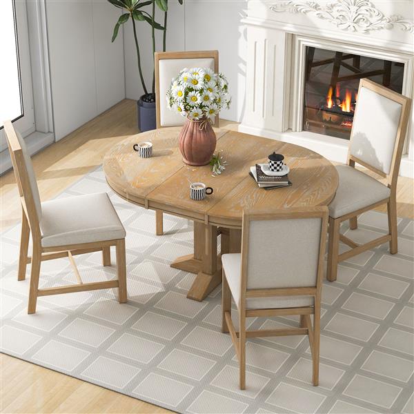 5-Piece Dining Set Extendable Round Table and 4 Upholstered Chairs Farmhouse Dining Set for Kitchen, Dining Room(Natural Wood Wash)