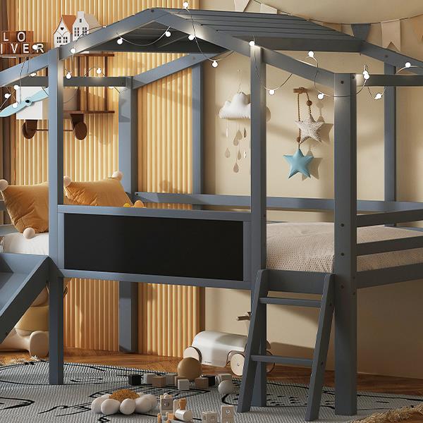 Twin Size Loft Bed with Ladder and Slide, House Bed with Blackboard and Light Strip on the Roof, Gray