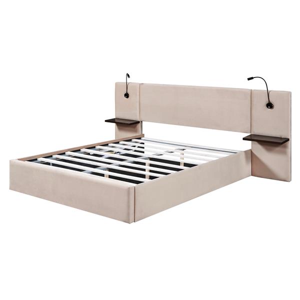 Queen Size Storage Upholstered Hydraulic Platform Bed with 2 Shelves, 2 Lights and USB, Beige