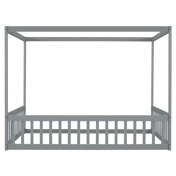 Full Size Canopy Frame Floor Bed with Fence, Guardrails,Grey