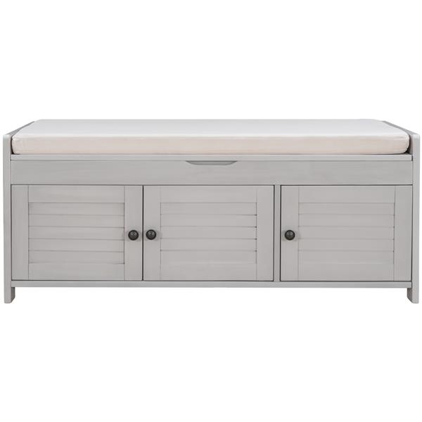 Storage Bench with 3 Shutter-shaped Doors, Shoe Bench with Removable Cushion and Hidden Storage Space (Gray Wash)