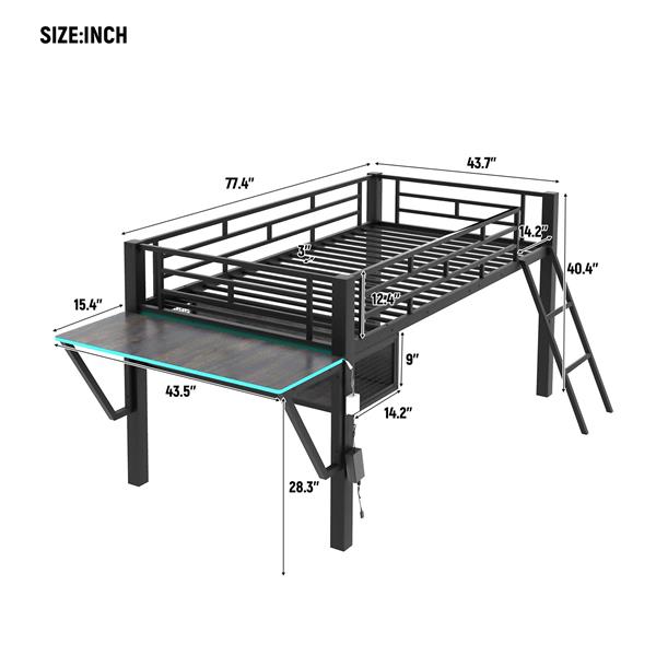 Gaming mid loft bed with desk, LED, Twin, Black