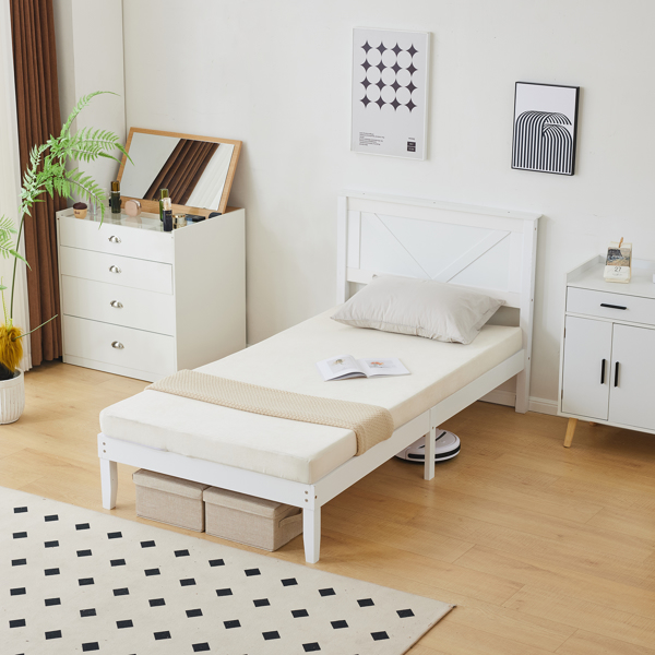 Twin Size Solid Wood Platform Bed Frame with Headboard White