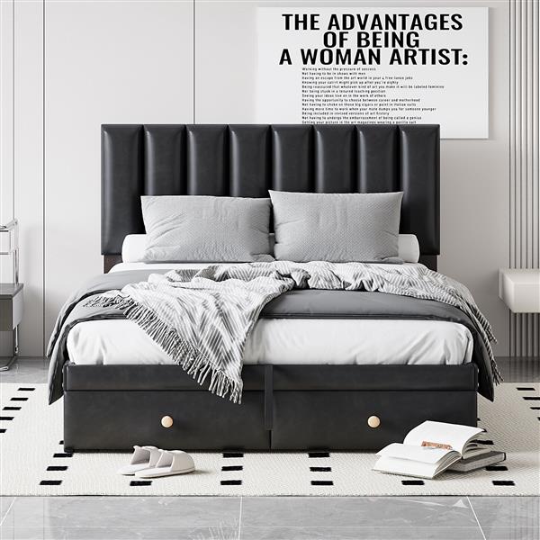 Full Size Upholstered Bed with Hydraulic Storage System and Drawer, Black