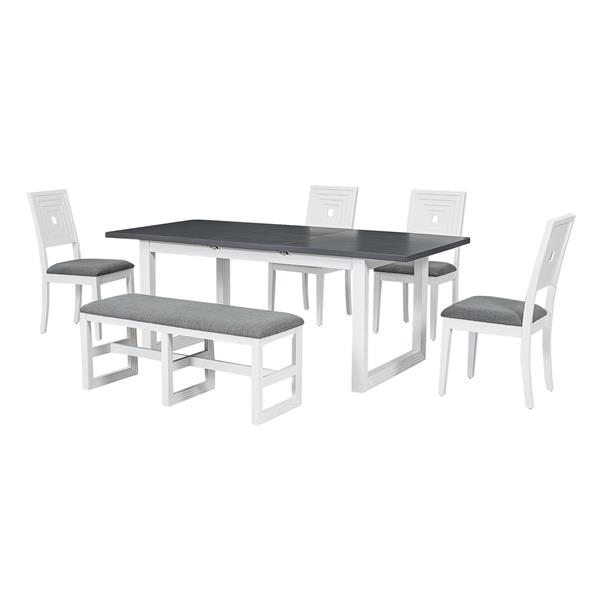 Modern 78inch 6-Piece Extendable Dining Table Set, 4 Upholstered Dining Chairs and Dining Bench, 18" Butterfly Leaf, White