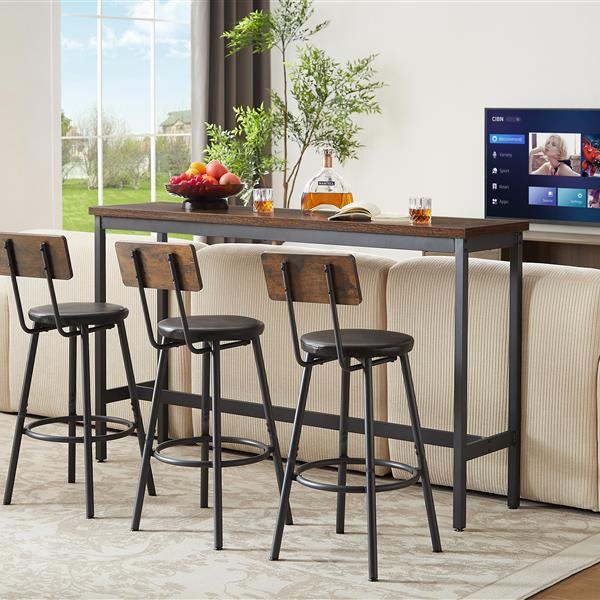 Long Bar Table Set with 3 PU Upholstered Bar Stools, Industrial Bar Table and Chairs for Kitchen Breakfast Table, Living Room, Banquet Hall, Rustic Brown and Black, 63″L x15.7"W x 37.5"H