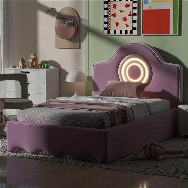 Twin Size Upholstered Platform Bed with LED Headboard, Pink