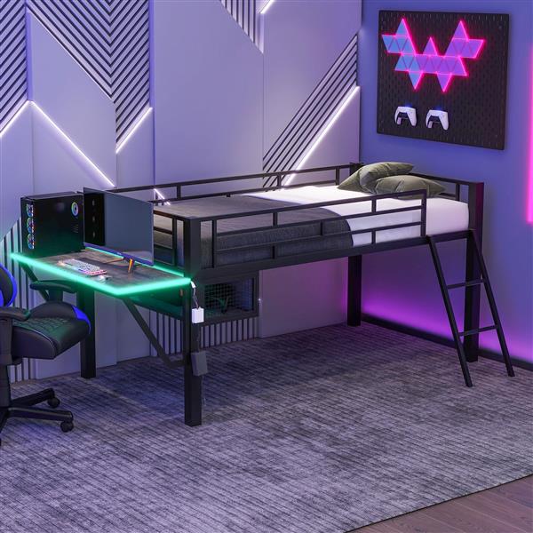 Gaming mid loft bed with desk, LED, Twin, Black