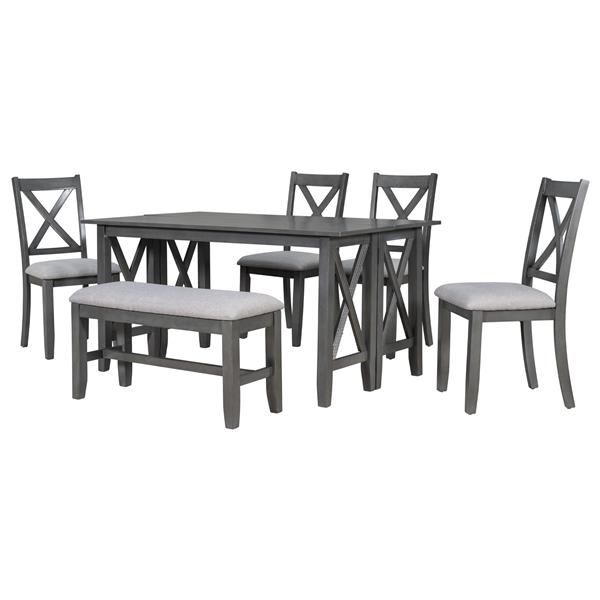 6-Piece Family Dining Room Set Solid Wood Space Saving Foldable Table and 4 Chairs with Bench for Dining Room (Gray)