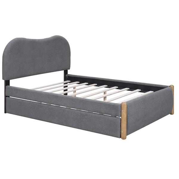 Full Size Upholstered Platform Bed with Wood Supporting Feet and Twin Size Trundle, Gray