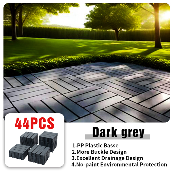 44 dark grey 11.8 "x11.8" (30cmx30cm) interlocking deck tiles - waterproof, non-slip, all-weather outdoor and indoor patio floors - smooth wood grain design perfect for courtyards, balconies