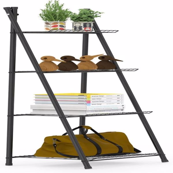 Ladder Shelf Black 4-Tier Metal Ladder Plant Stand Shelf Flower Pot Display Holder Storage Shelving for Balcony Garden Living Room Hallway