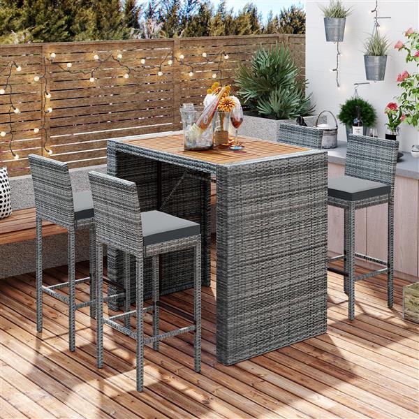 5-pieces Outdoor Patio Wicker Bar Set, Bar Height Chairs With Non-Slip Feet And Fixed Rope, Removable Cushion, Acacia Wood Table Top, Brown Wood And Gray Wicker