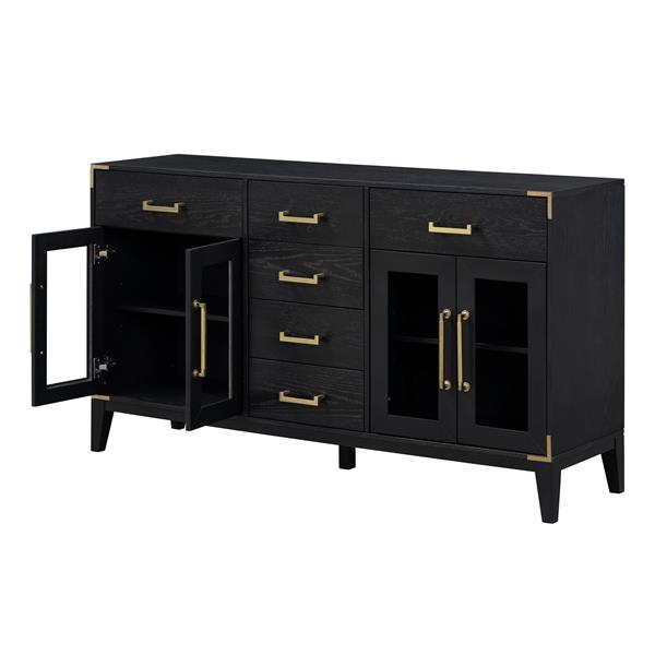 6-drawer and 2-Cabinet Retro Sideboard with Extra Large Storage Space, with ld Handles and Solid Wood Legs, for Kitchen and Living Room (Black)