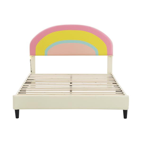 Full Size Upholstered Platform Bed with Rainbow Shaped and Height-adjustbale Headboard,LED Light Strips,Beige