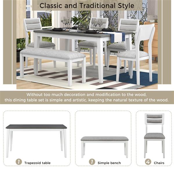 Classic and Traditional Style 6 - Piece Dining Set, Includes Dining Table, 4 Upholstered Chairs & Bench (White+Gray)