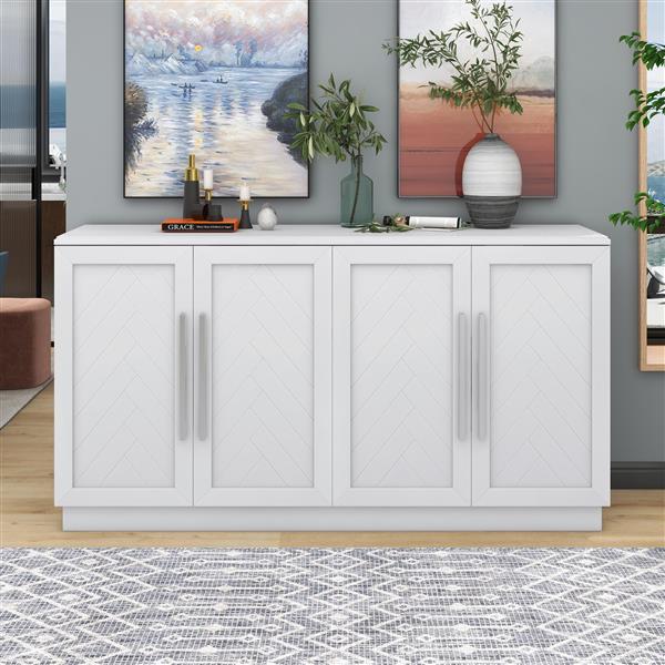 Sideboard with 4 Doors Large Storage Space Buffet Cabinet with Adjustable Shelves and Silver Handles for Kitchen, Dining Room, Living Room (White)