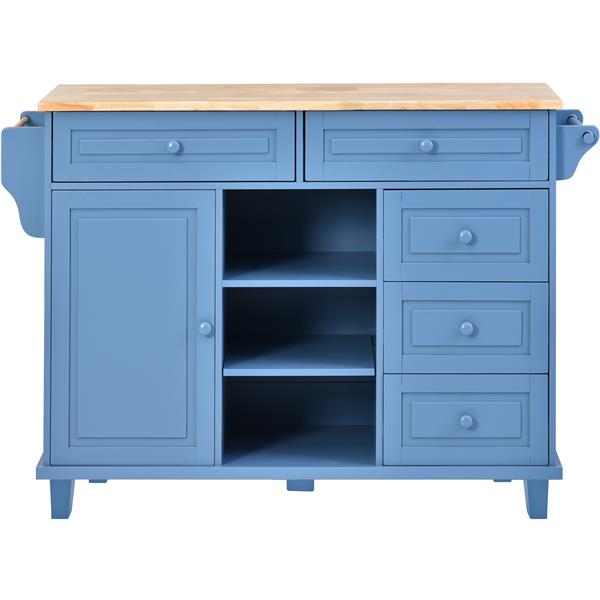 Kitchen cart with Rubber wood desktop rolling mobile kitchen island with storage and 5 draws 53 Inch length (Blue)