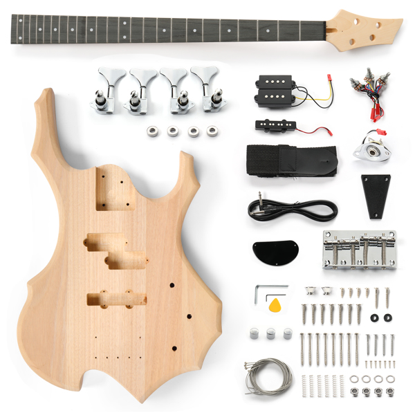 DIY 4 String Flame Shaped Style Electric Bass Guitar Kits with Mahogany Body, Maple Neck and Accessories