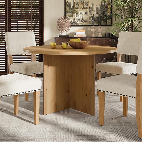 Modern 5-Piece Round Dining Table Set Pedestal Kitchen Table Set with 4 Upholstered Dining Chairs for Studio, Apartment, Small Places, Natural