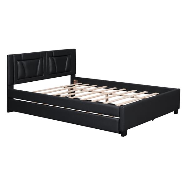 Queen Size Upholstered Platform Bed with Headboard and Twin Size Trundle, Black