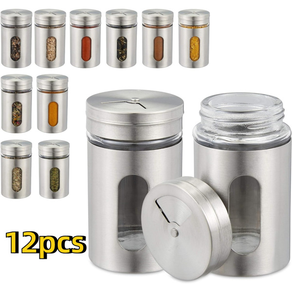 12 Pieces Salt and Pepper Shakers Stainless Steel Spice Shakers with 3 Adjustable Pour Holes, 3.4 oz Salt Dispenser Stainless Steel Spice Jars with Rotating Lids for Sugar Seasoning Home