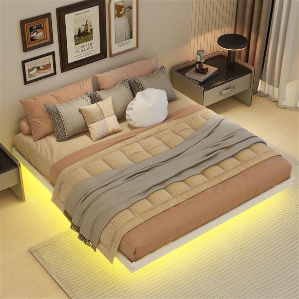 King Size Floating Bed with LED Lights Underneath,Modern King Size Low Profile Platform Bed with LED Lights,White