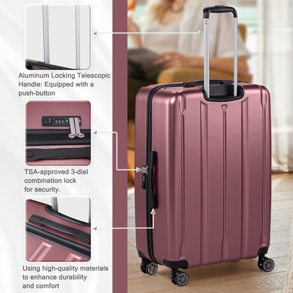 FCH 3-in-1 suitcase vertical stripes trolley case 20in 24in 28in ABS PC fashion color 02-wine red