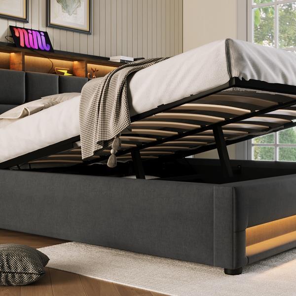 Queen size Upholstered Platform bed with a Hydraulic Storage System, LED and USB Charging, Grey (without mattress)