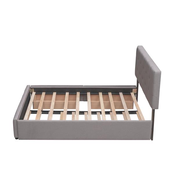 Upholstered Platform Bed with 2 Drawers and 1 Twin XL Trundle,  Linen Fabric, Queen Size - Light Gray