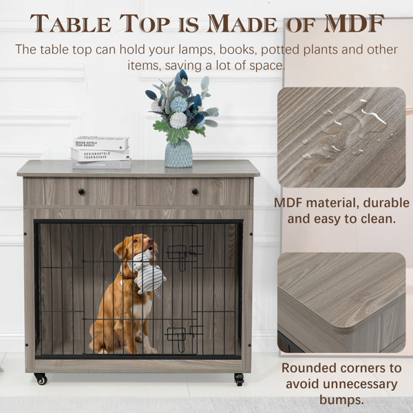  38.4" Wooden Dog Crate Furniture Decorative Pet Cage Dog Kennel with 2 Drawers