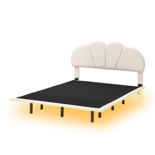 Full Size Upholstery LED Floating Bed with PU Leather Headboard and Support Legs,Beige