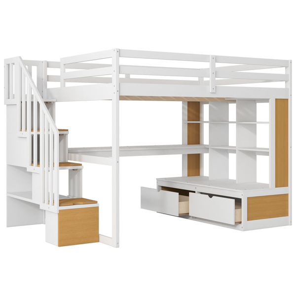 Full Size Loft Bed with Desk and Shelves, Two Built-in Drawers, Storage Staircase, White and Natural 