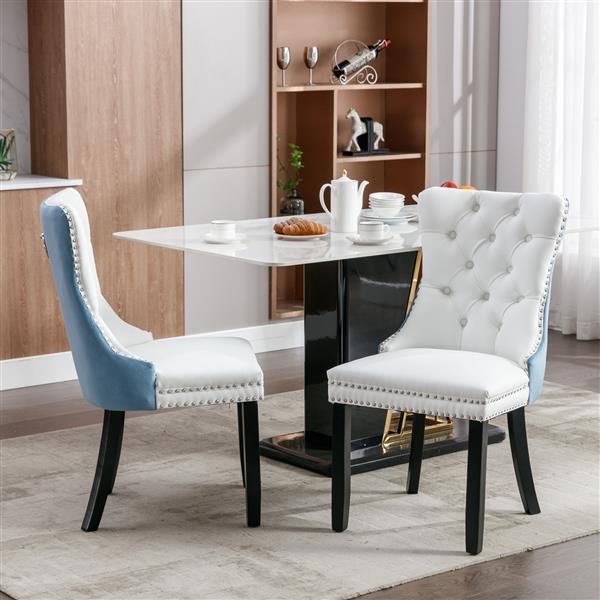 Furniture,Modern, High-end Tufted Solid Wood Contemporary PU and Velvet Upholstered Dining Chair with Wood Legs Nailhead Trim  2-Pcs Set, White+Light Blue, SW2101WL