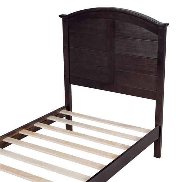 Farmhouse Wooden Platform Twin Size Bed with Curl Design Headboard and Footboard for Teenager, Espresso