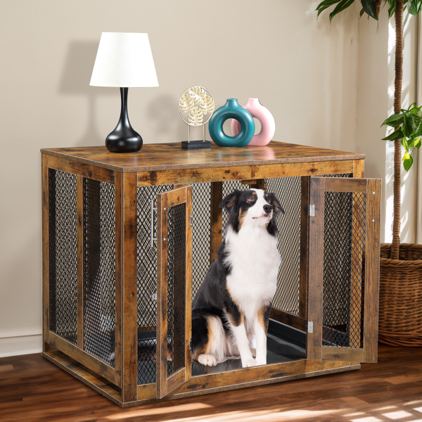 Furniture Dog Crate with Tray for Large Dogs, Indoor Aesthetic Puppy Kennel Pet House Dog Cage with Door, Modern Decorative Wood Pretty Cute Fancy End Side Table Nightstand, Rustic Brown